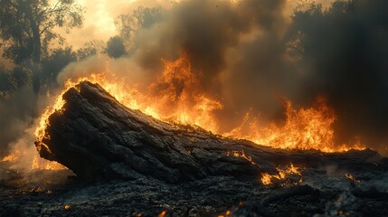 Fototapeta premium A fallen tree burns completely, engulfed in smoke during a devastating wildfire