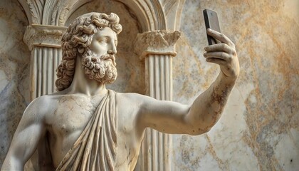 An ancient marble statue of a man taking a selfie with a smartphone, blending modern technology with classical art.