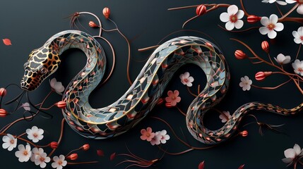 Obraz premium Artistic depiction of a colorful, detailed snake with geometric scales, surrounded by ethereal flowers and tendrils.