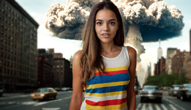 Unnoticed hydrogen bomb explodes in the background, chemical terror attack or war, fictional