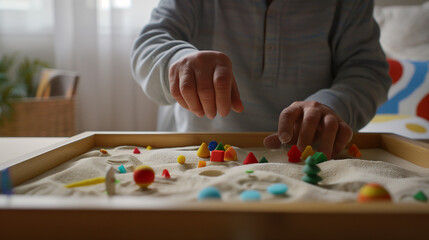 Therapist using sand tray with miniature objects in cozy room to help client express emotions, therapeutic session focusing on emotional expression and mental health.