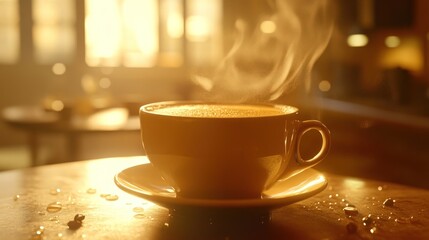 Fototapeta premium A steaming cup of coffee sits on a saucer, bathed in warm, golden sunlight.