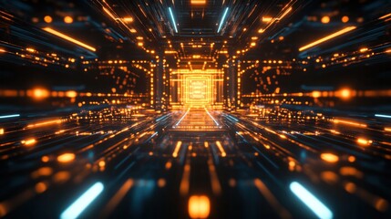 Naklejka premium Futuristic AI pattern with geometric shapes, lines, and a glowing matrix of interconnected nodes