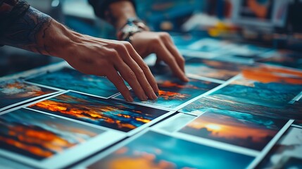 Fototapeta premium Photographer organizes stunning landscape prints for creative inspiration