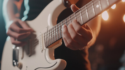 Close-up of a musician's hands playing an electric guitar on stage with a warm, atmospheric light in the background.