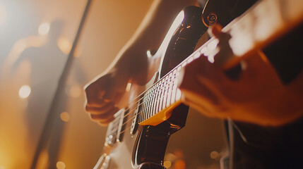 Fototapeta premium Close-up of a musician's hands playing an electric guitar on stage with a warm, atmospheric light in the background.