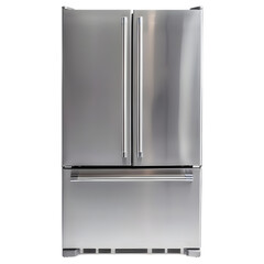 A modern stainless steel refrigerator with a double-door design, isolated on white background