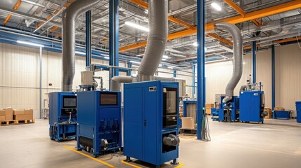 Dust collection systems in a large industrial warehouse, multiple high-efficiency machines working together to keep the environment clean