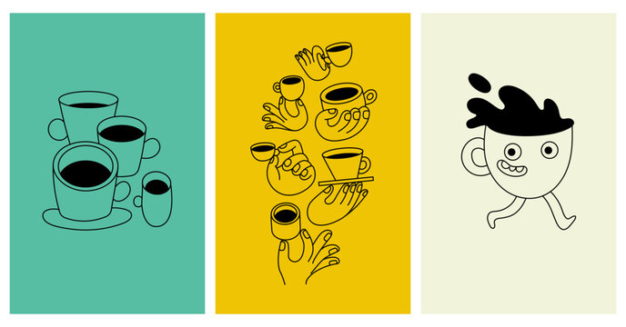 Vector logo design template and graphic elements for advertising, branding, posters and banners, funny cartoon illustrations with smiling character, coffee cup mascot