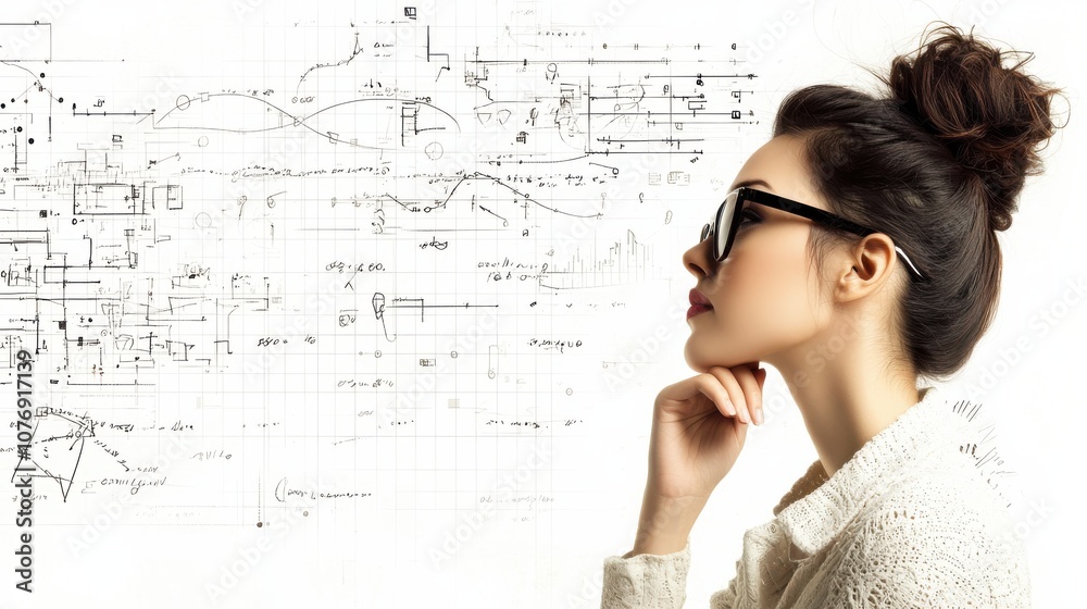 Poster Businesswoman analyzing technology graphs with a transparent framework for enhanced insights