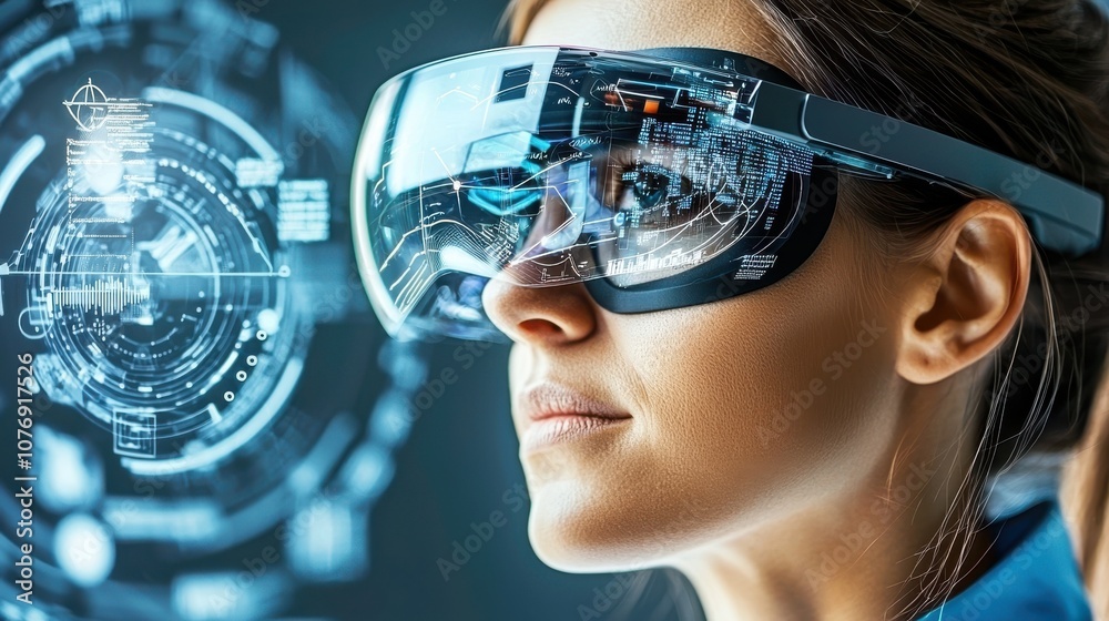 Aufkleber businesswoman utilizes ar headset to visualize data and enhance decision-making efficiency