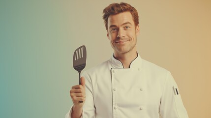 A man dressed in a white chef's coat stands proudly, holding a spatula. He smiles warmly, promoting a joyful cooking experience in a modern kitchen.