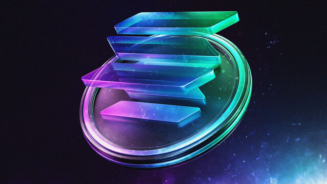 Solana logo and coin with shiny elements on dark background