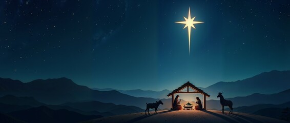 A shining star illuminates a nativity scene in the middle of the night illustration.