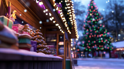 Obraz premium Festive Christmas market stall with sweets and lights, with a decorated tree in the background