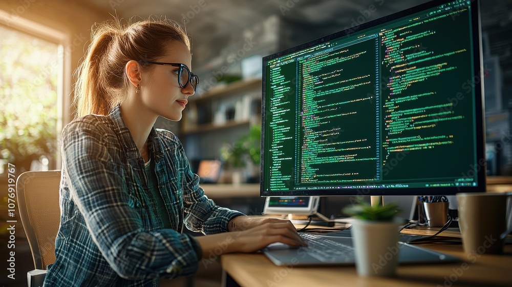 Aufkleber Female programmer engages in coding on laptop with vibrant green code displaying advanced programming skills