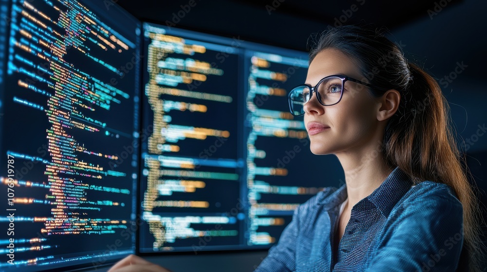 Poster Female tech expert develops innovative coding project in a modern workspace environment