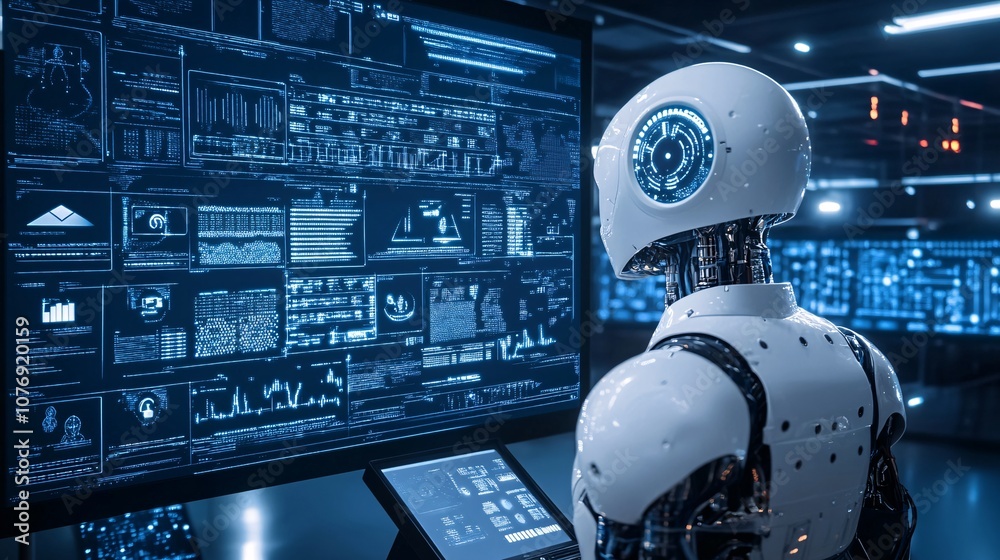 Aufkleber Humanoid robot processing data on computer screens in modern data center