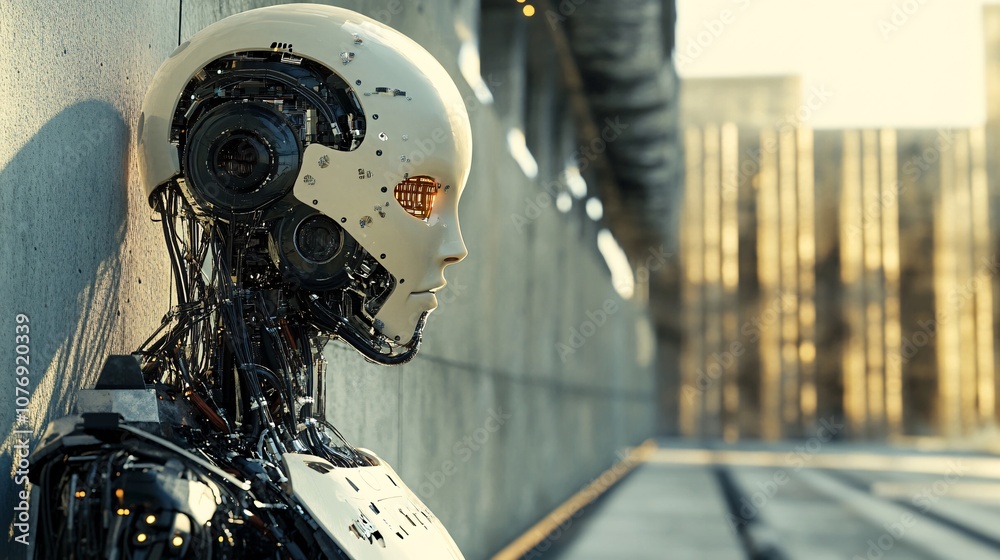Poster Futuristic android contemplating in desolate urban setting