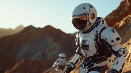 Fototapeta premium AI in planetary exploration, robots collecting samples from a distant world, high-tech instruments scanning the terrain