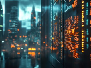 Glowing stock market numbers on digital displays with a blurred cityscape background, highlighting the fast-paced nature of finance