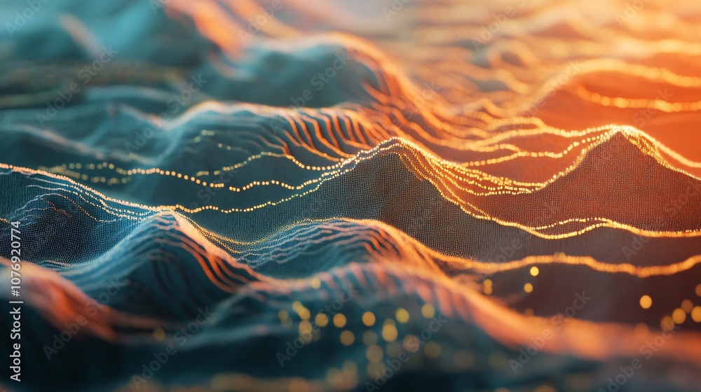 Poster Abstract blue and orange particle landscape forming rolling hills with data flow