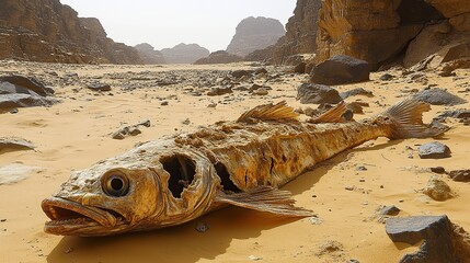 A fish stranded in the desert serves as a symbol of the catastrophic effects of climate change