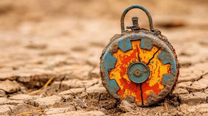 Discover the hidden dangers of an old rusted landmine partially exposed in a dried-out landscape