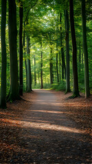 Obraz premium A sunlit path through a dense forest with tall trees and green leaves.