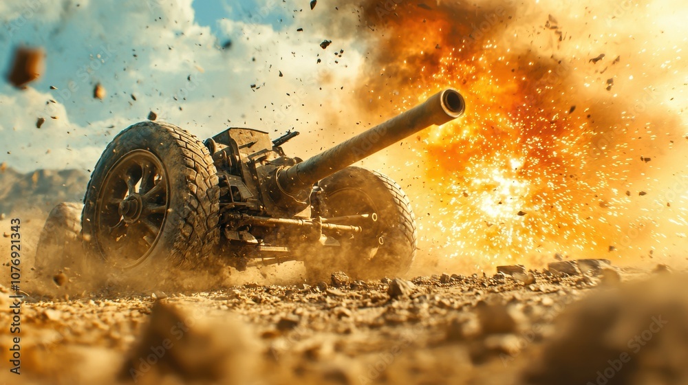 Poster Artillery round spent on dusty terrain with blurred background capturing the impact of war