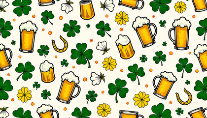 St. Patrick’s Day pattern with clovers, beer mugs, and lucky charms