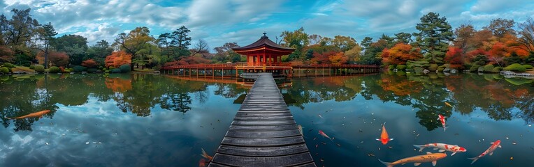 Obraz premium A beautiful pond with a wooden bridge and a red pagoda in the background