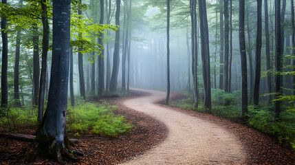 Fototapeta premium A winding path through a dense, misty forest.
