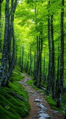 Fototapeta premium A winding path through a lush green forest with tall trees and mossy ground.