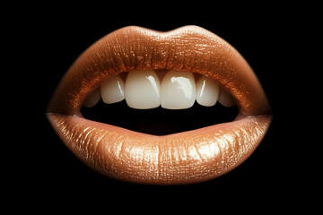Fototapeta premium close up of a woman's mouth with gold lip gloss. The lips are open and the teeth are visible