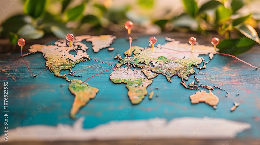 Aufkleber world map showing international travel destinations with pins and string connecting locations