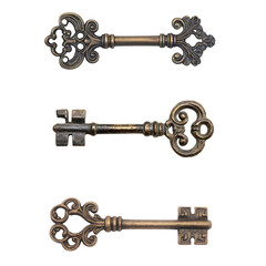 Obraz premium Unique vintage decorative keys displayed in a vertical arrangement showcasing intricate designs and metal finishes