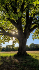 Obraz premium Large oak tree with sunlight shining through leaves in field.