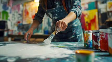 Fototapeta premium Creative Artist Working on a Painting in a Colorful Art Studio Surrounded by Vibrant Paints and Artistic Tools, Capturing the Essence of Artistic Expression and Imagination