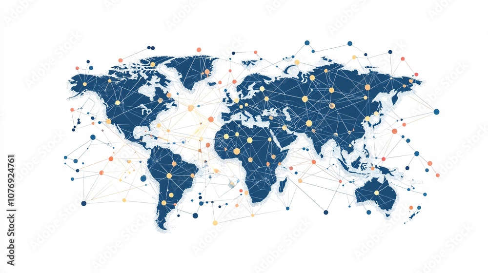 Poster Global network connecting world map with data points
