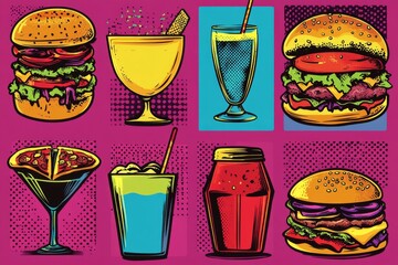 Vibrant Pop Art Collection of Burgers, Beverages, and Sauces Featuring Bold Colors and Comic Book Style Illustrations