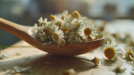 Chamomile Flowers in Wooden Spoon: A Natural Remedy