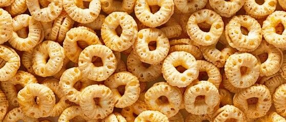 Close-up view of spiral honey nut cereal loops in various sizes and shades of yellow forming a decorative, textured background on a plain white backdrop.