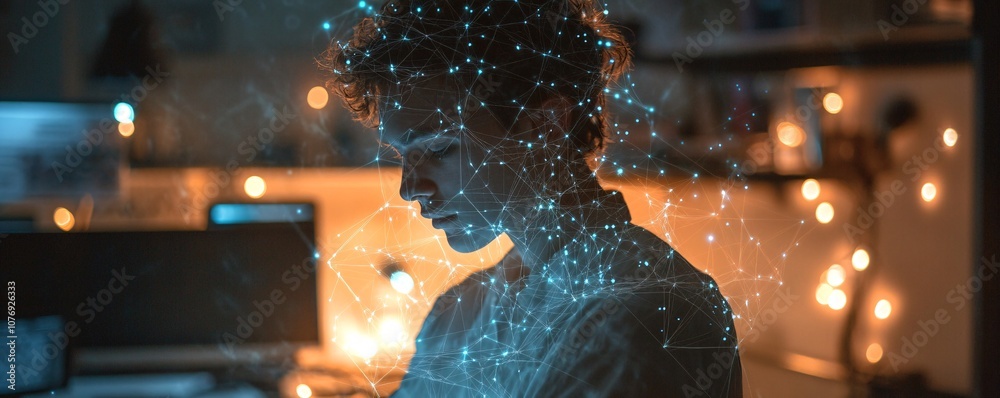 Poster Software developer connecting to global network in futuristic office