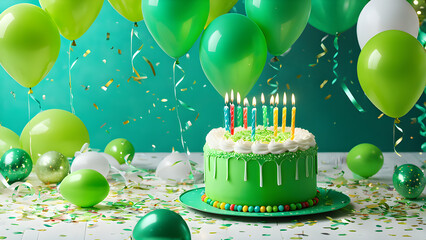Green birthday cake with candles, balloons and confetti on green background