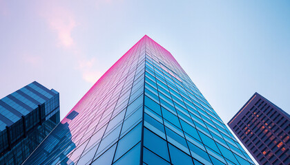 Fototapeta premium Low-angle view of a modern skyscraper with pink and blue hues. Contemporary urban architecture and business growth and modern concept. 