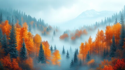 Obraz premium A foggy forest wallpaper depicting the transition between autumn and winter, showing the changing seasons in a serene landscape