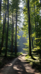 Obraz premium Sunbeams illuminate a path through a dense forest.