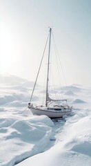 Lonely Sailboat Anchored Amongst the Vast, Untouched Snowy Landscape Under a Soft, Blue Sky in a Serene Arctic Environment