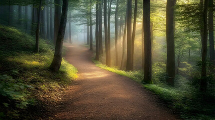Obraz premium Sunbeams illuminate a winding path through a misty forest.